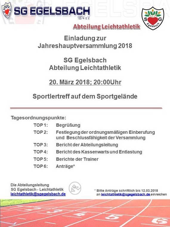 Einladung zur Leichtathletik-Jahreshauptverssammlung 2018